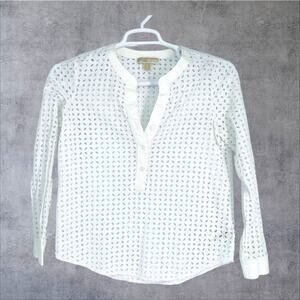 MICHAEL KORS Eyelet Cotton 1/2 Button Down Blouse Shirt‎ Top Optic White S $158